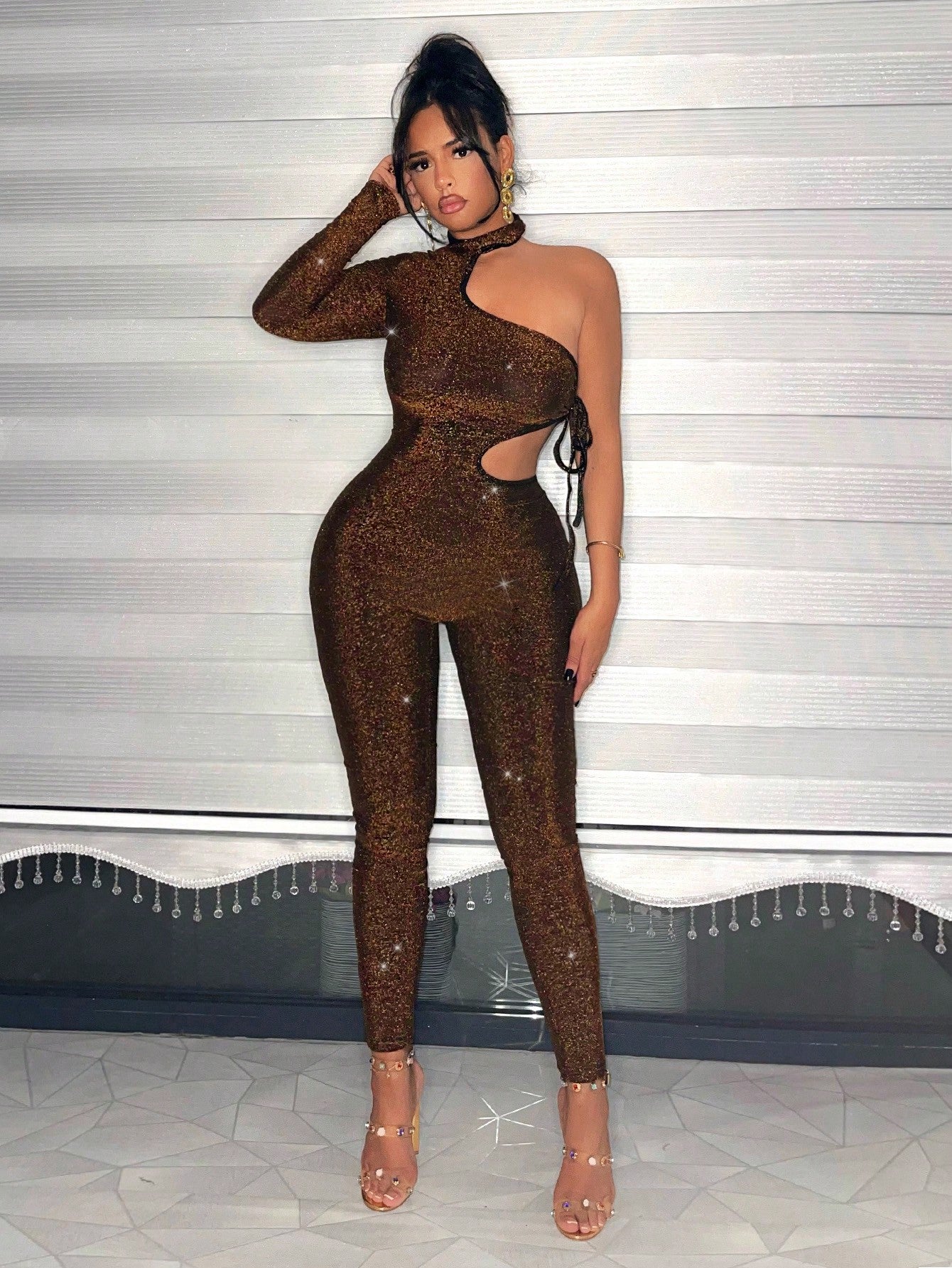 SHEIN SXY One Shoulder Cut Out Front Sequin Bodysuit