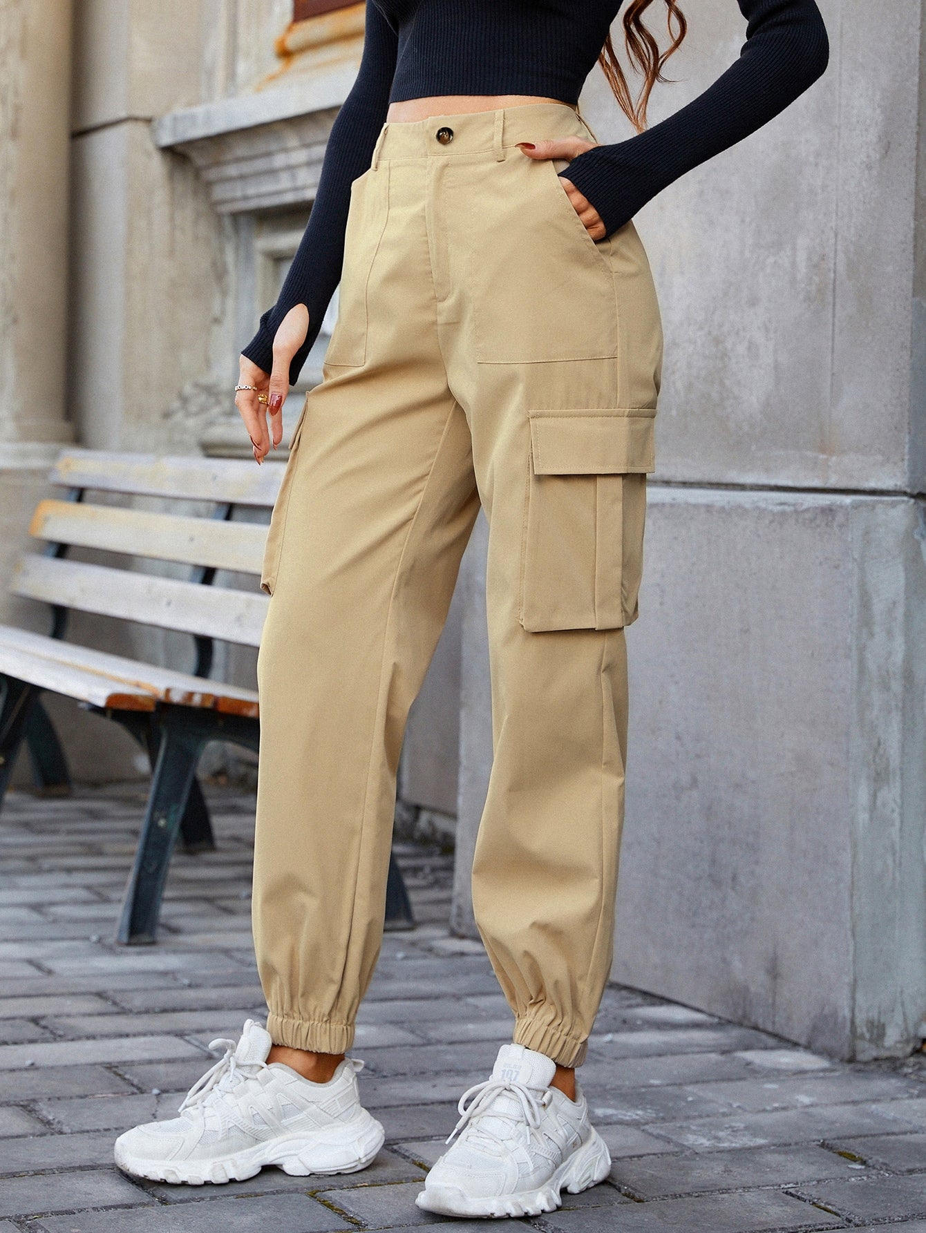  Women's Pants Pants for Women Flap Pocket Side Drawstring Waist  Cargo Pants (Color : Apricot, Size : Large) : Clothing, Shoes & Jewelry