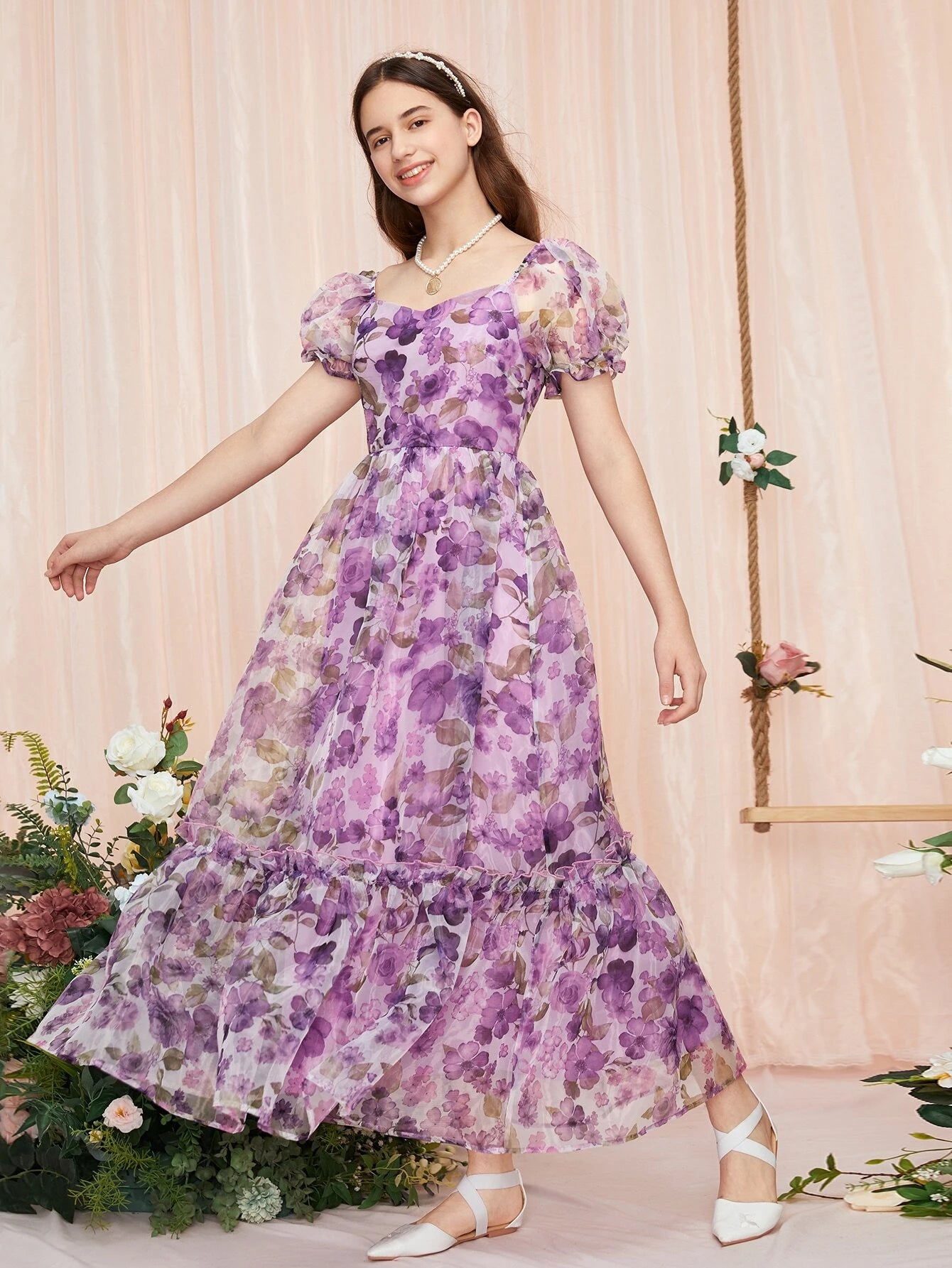 Teen Girls Allover Floral Print Puff Sleeve Ruffle Hem Organza