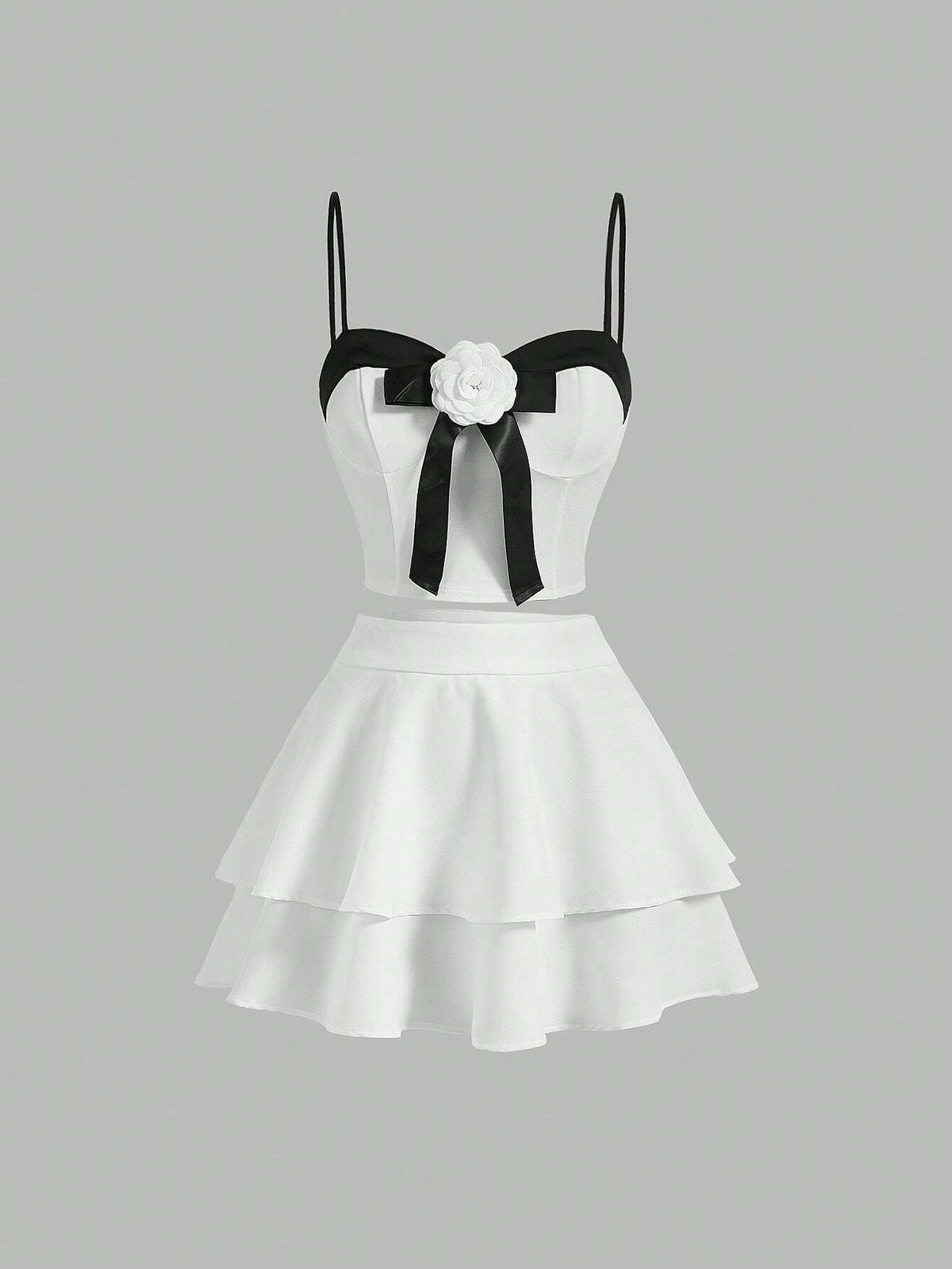 3D Appliques Front Contrast Trim Cami Top & Two Layer Hem Skirt