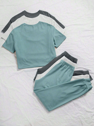 3sets Solid Tee & Tie Front Pants Lounge Set