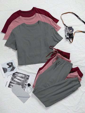 3sets Solid Tee & Tie Front Pants Lounge Set
