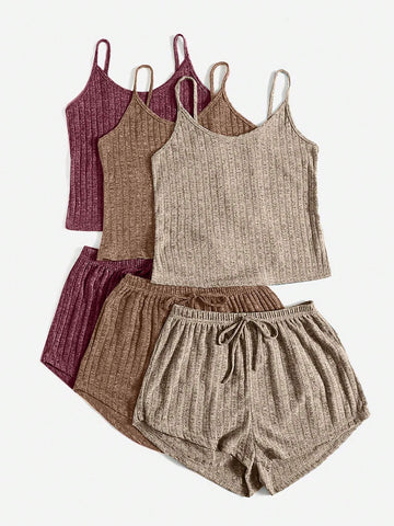 3sets Ribbed Knit Cami Top & Tie Front Shorts Lounge Set