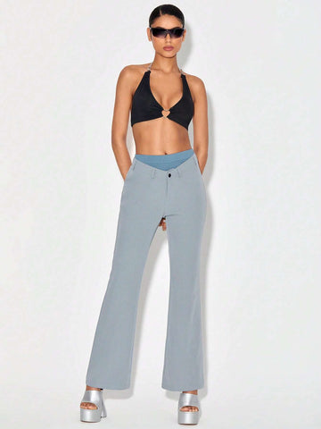 Solid Flare Leg Pants With Biker Shorts