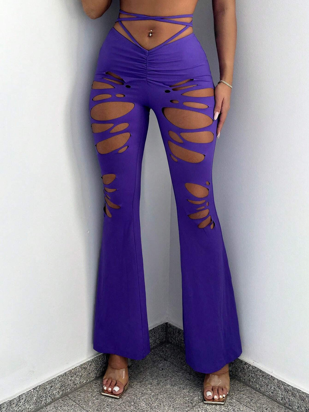 ICON Cut Out Criss Cross Tie Back Ruched Flare Leg Pants