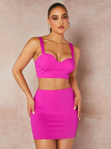Solid Bustier Crop Cami Top & Bodycon Skirt Without Blazer