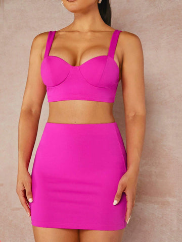 Solid Bustier Crop Cami Top & Bodycon Skirt Without Blazer
