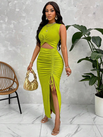 Solid Twist Front Cut Out Ruched Split Thigh Dress