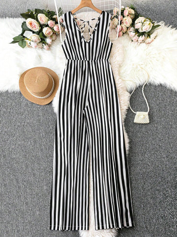 Vacation Casual Black-And-White Striped Wide Leg Jumpsuit With Cinched Waist