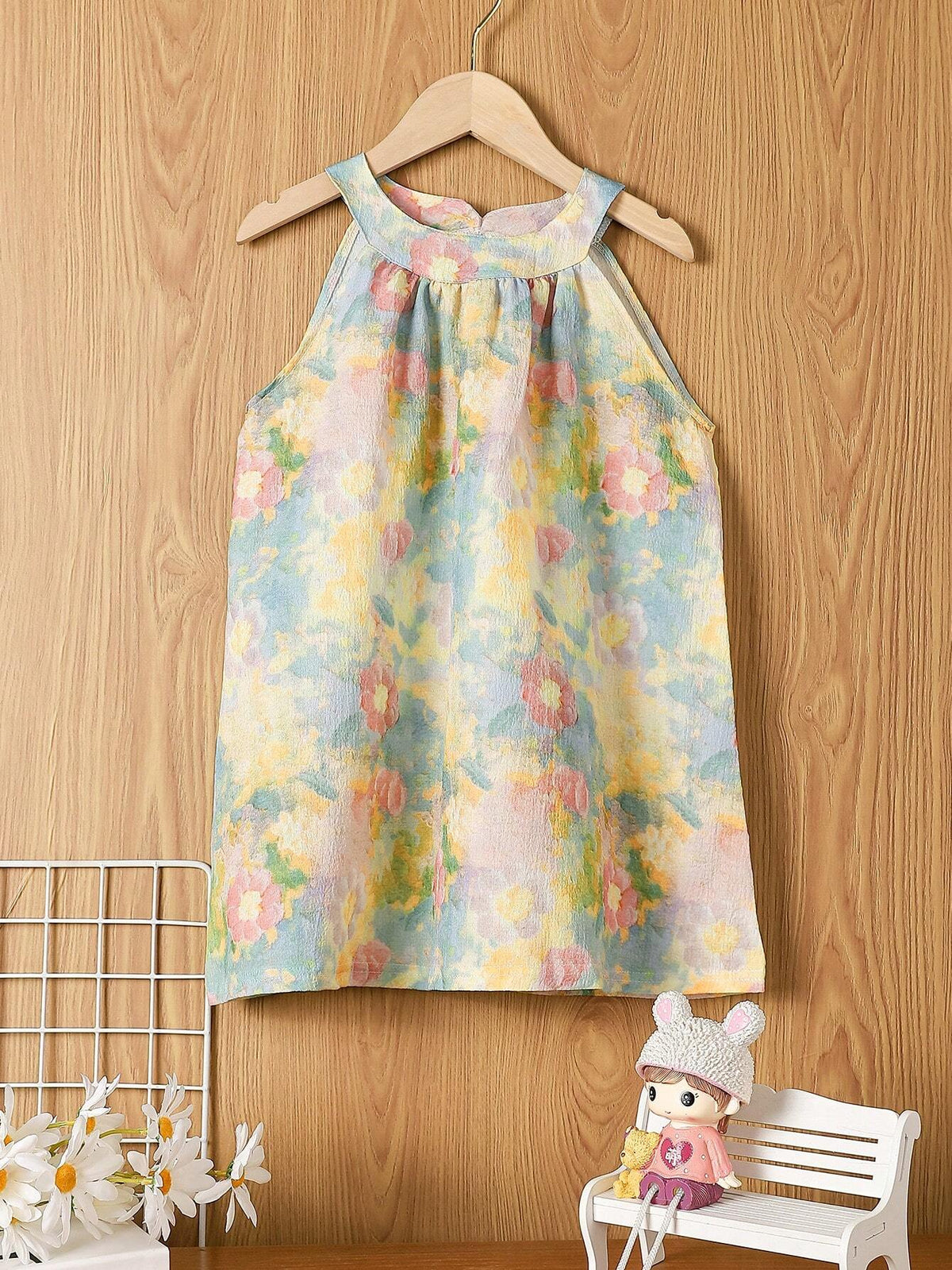 1pc 2024 New Summer Style Girls" Printed Dress With Ombre Oil Paint Style, Adorable Sleeveless Dress With Shoulder Straps