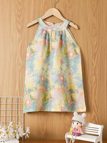 1pc 2024 New Summer Style Girls" Printed Dress With Ombre Oil Paint Style, Adorable Sleeveless Dress With Shoulder Straps