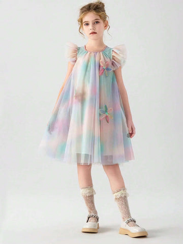 1pc Baby Girls" Sand Art Colored Flying-Sleeve Rainbow Gradient Mesh Princess Dress