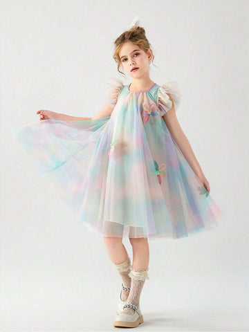 1pc Baby Girls" Sand Art Colored Flying-Sleeve Rainbow Gradient Mesh Princess Dress