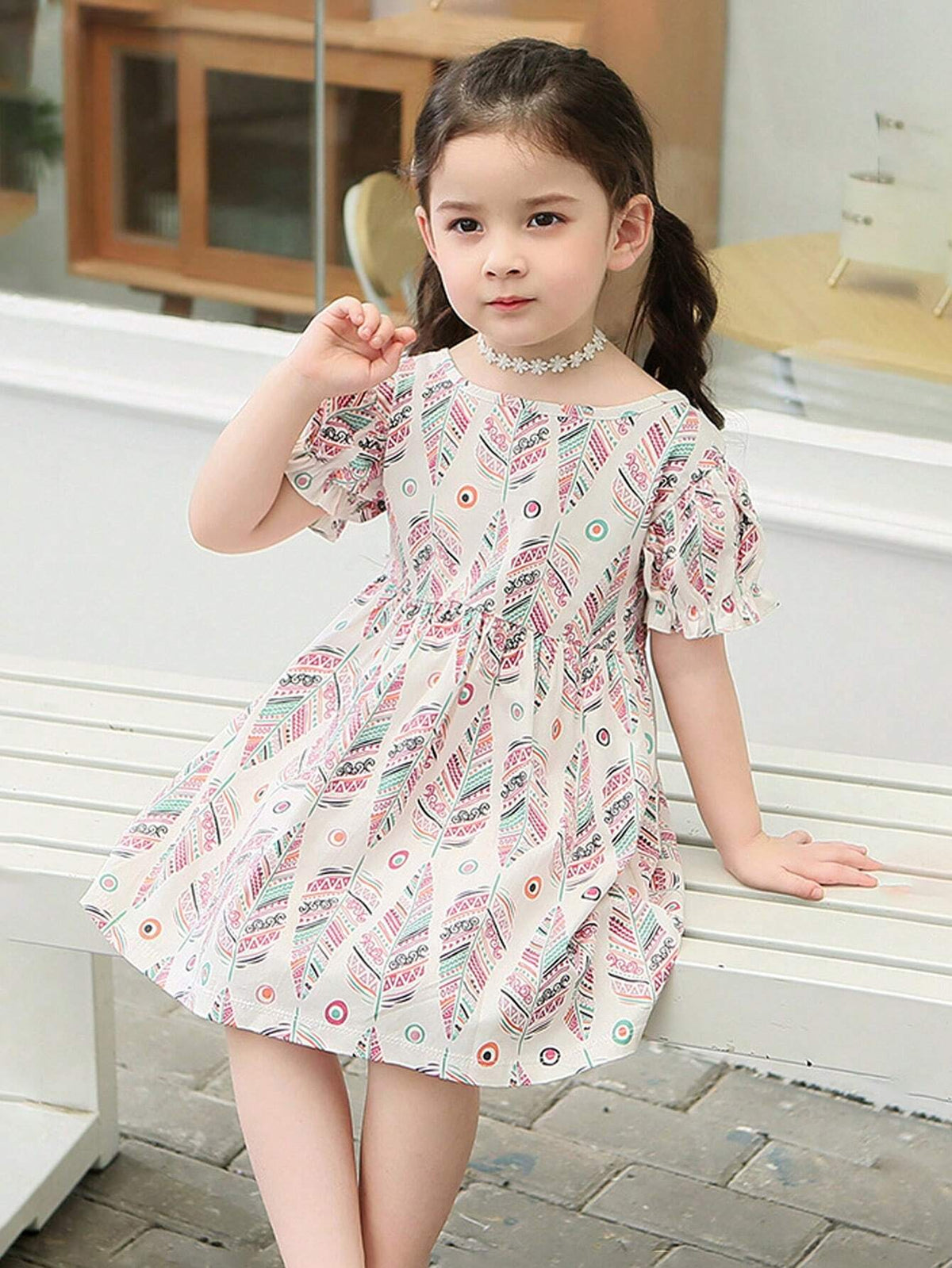 1pc Bohemian/Cute/Cartoon Graffiti Printed Half-Sleeve Cotton Breathable Soft Thin A-Line Dress For Toddler/Little Girl In Spring/Summer