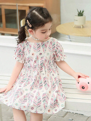 1pc Bohemian/Cute/Cartoon Graffiti Printed Half-Sleeve Cotton Breathable Soft Thin A-Line Dress For Toddler/Little Girl In Spring/Summer