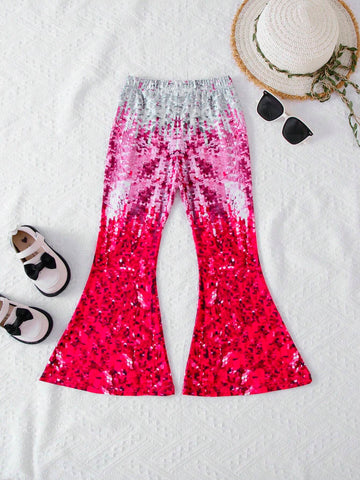 1pc Casual Style Fake Sequin Print Gradient Color Flared Pants For Toddler Girls, Summer