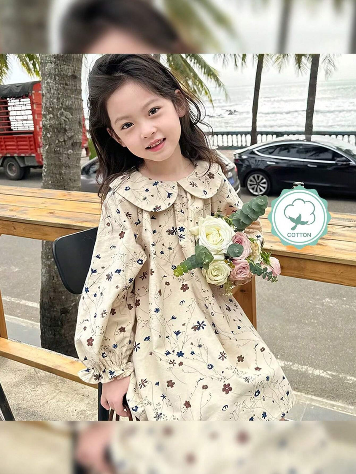 1pc Cute And Stylish Floral Print Doll Collar Long Sleeve Dress For Young Girls, Spring/Summer