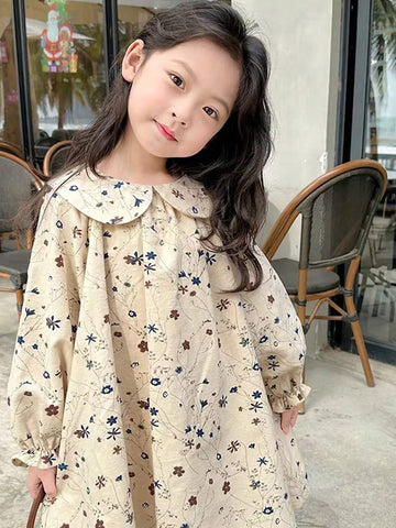 1pc Cute And Stylish Floral Print Doll Collar Long Sleeve Dress For Young Girls, Spring/Summer