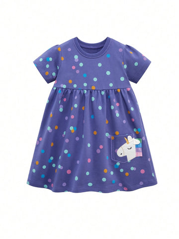 1pc Cute Cartoon Printed Girl Dress With 3D Pocket, Ear Decor And Polka Dot Design, Made Of Pure Cotton, Breathable For Summer