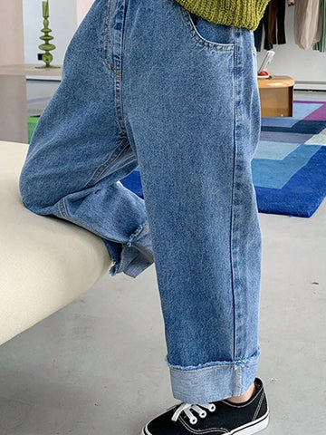 1pc Girls Fashionable Wide Leg Jeans, Four Seasons