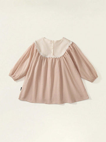 1pc Romantic French-Style Pure Cotton Solid Color Apricot Embroidered Lace Collar Sweet And Lovely Long-Sleeved Princess Dress A-Line Skirt For Girls, Vacation And Casual Wear In Spring And Autumn