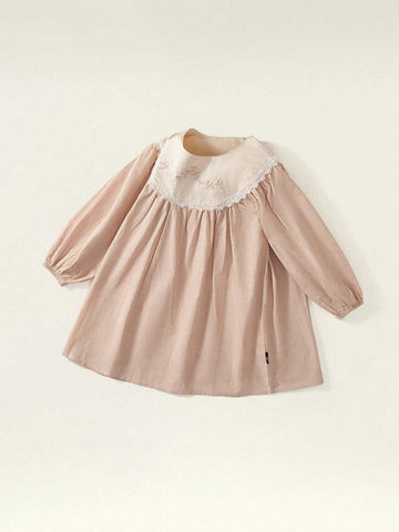1pc Romantic French-Style Pure Cotton Solid Color Apricot Embroidered Lace Collar Sweet And Lovely Long-Sleeved Princess Dress A-Line Skirt For Girls, Vacation And Casual Wear In Spring And Autumn