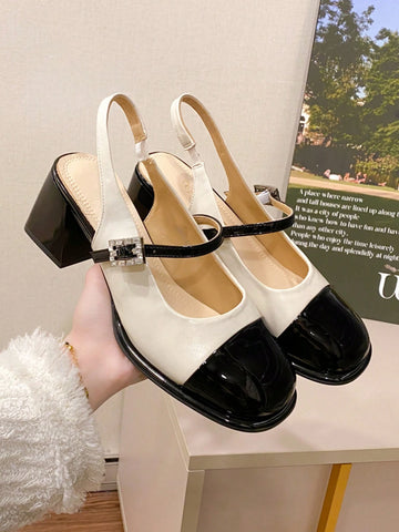 2024 New Black And White Block Heel Peep Toe Mary Jane Sandals For Women
