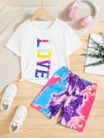 2pcs/Set Girls" Casual Letter Print Short Sleeve T-Shirt And Tie-Dye Printed Shorts Set For Summer Vacation