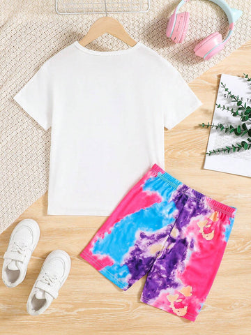 2pcs/Set Girls" Casual Letter Print Short Sleeve T-Shirt And Tie-Dye Printed Shorts Set For Summer Vacation