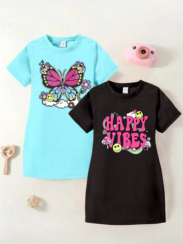 2pcs/Set Girls' Fashionable Cute Butterfly & Letter Print Short Sleeve T-Shirt Dress With Bowknot