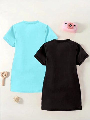 2pcs/Set Girls' Fashionable Cute Butterfly & Letter Print Short Sleeve T-Shirt Dress With Bowknot