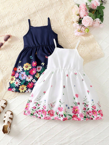 2pcs/Set Girls' Floral Print Suspender Dress + Spring/Summer Top