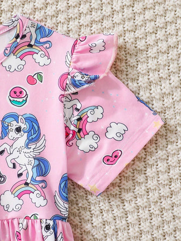 2pcs Toddler Girls' Casual Unicorn Printed Short Sleeve Dress
