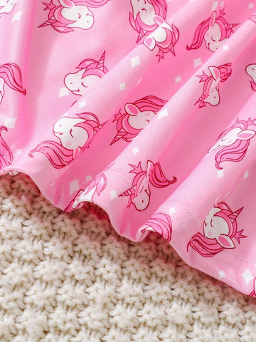 2pcs Toddler Girls' Casual Unicorn Printed Short Sleeve Dress