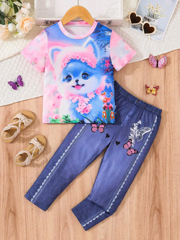 2pcs Young Girls' Cute Flower Cat Pattern Short Sleeve Tee With Faux Denim Print Pants Summer Set