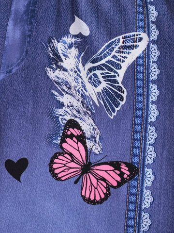 2pcs Young Girls' Cute Flower Cat Pattern Short Sleeve Tee With Faux Denim Print Pants Summer Set