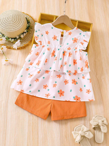 2pcs Young Girls' Printed Off Shoulder Top And Shorts Set With Ruffled Hem For Vacation