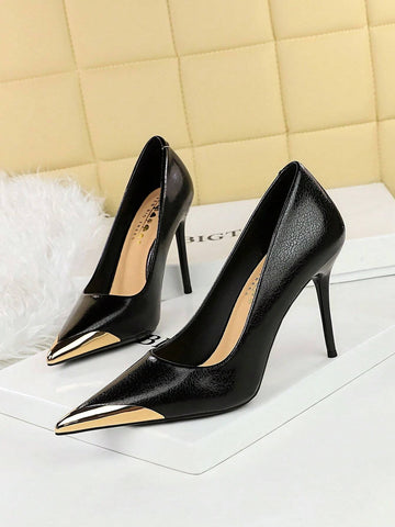 European And American Retro High-Heeled Snakeskin Painted Stiletto Party Women Shoes, Metallic Pointed Toe Single High-Heeled Shoes