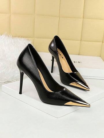 European And American Retro High-Heeled Snakeskin Painted Stiletto Party Women Shoes, Metallic Pointed Toe Single High-Heeled Shoes