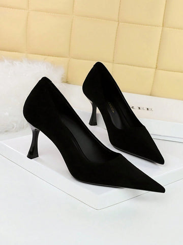Simple And Elegant European And American Style Stiletto Heels With Super High Heels, Suede Shallow Top Pointed Women's Shoes