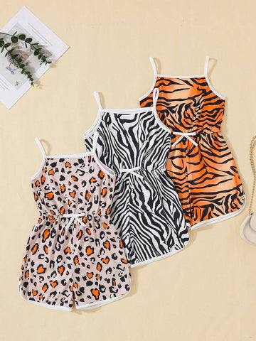 3pcsset Girls Fashion LeopardZebraStripe Print Jumpsuit Shorts Set For Summer Holiday Party