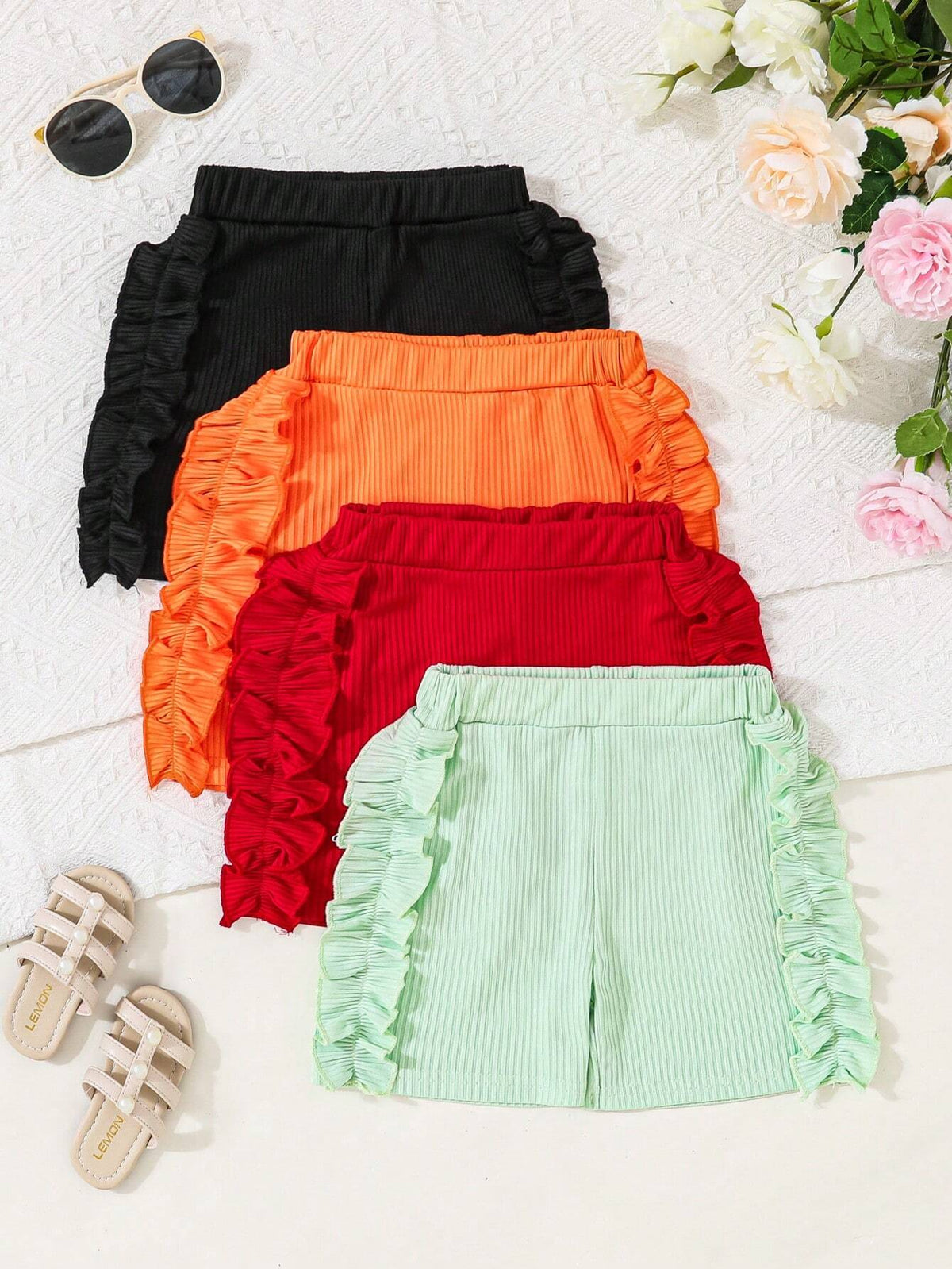 4pcs Young Girl Solid Color Casual Ruffle Hem Shorts For Summer