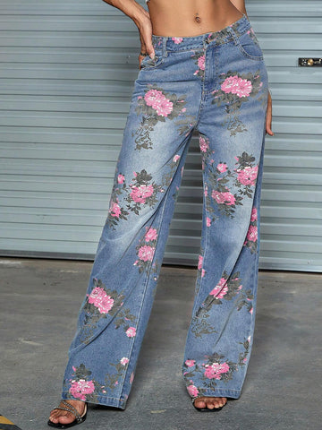 90s Fashion Vintage Floral Print High Waist Slant Pocket Straight Leg Jeans