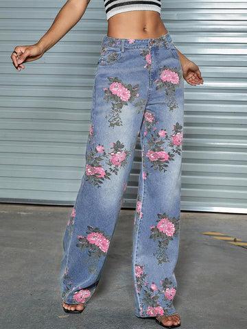 90s Fashion Vintage Floral Print High Waist Slant Pocket Straight Leg Jeans