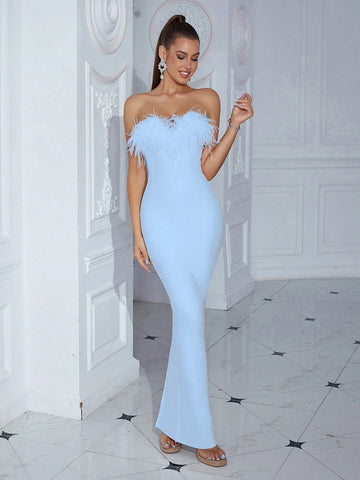 ADYCE Artificial Feather Embellished Strapless Backless Mermaid Bandage Bodycon Prom Party Dress