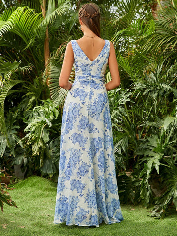 ADYCE Floral Print Chiffon V-Neck Bridesmaid Dress With High Waist And Twist Detail On The Bust