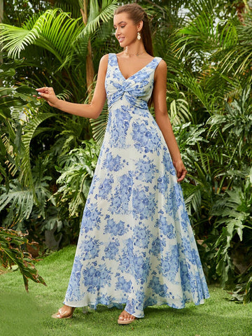 ADYCE Floral Print Chiffon V-Neck Bridesmaid Dress With High Waist And Twist Detail On The Bust