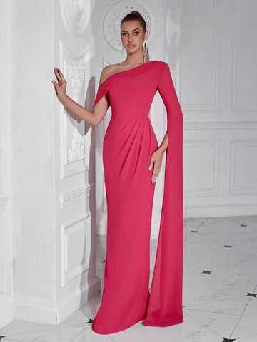 ADYCE One-Shoulder Long-Sleeved Dress With Long Sash For Prom Party