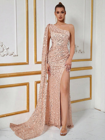 ADYCE Sequin Single Shoulder Long Belt High Slit Extra Long Party Prom Dress