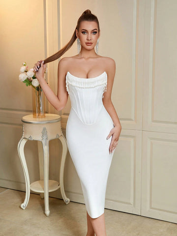 ADYCE Strapless Beaded Fishbone Decor Backless Bandage Dress For Prom And Party